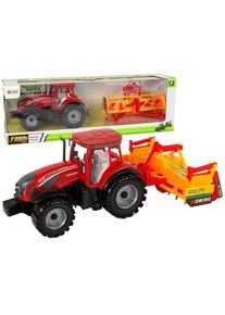 Lean Toys Roter Traktor mit orangefarbenem Grubberantrieb