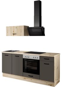 K&uuml;chenzeile IMPULS K&Uuml;CHEN "Lissabon", Ausrichtung w&auml;hlbar, Schubk&auml;sten mit Soft-Close", braun (k&uuml;che: braun, front: vulkanbraun, korpus: eiche, nachbildung hell, arbeitsplatte: eiche, nachbildung hell), B:195cm H:185cm T:60cm, Komplettk&uuml;chen-Sets, K&uuml;chenzeile, vormontiert, wahlweise mit E-Ger&auml;ten, mit Vollauszug, Breite 195 cm