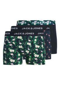 Jack & Jones Trunk JACK & JONES "JACFLAMINGO FLOWER TRUNKS 3 PACK SN", Herren, Gr. M, 3 Stk., bunt (schwarz pack:chambray blau, schwarz), Jersey, Obermaterial: 95% Baumwolle, 5% Elasthan, bedruckt, unifarben mit Farbeinsatz, figurbetont, Unterhosen Trunk