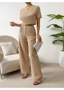 Beige 2-Piece Set: Cropped Short Sleeve Top & Wide Leg Pants