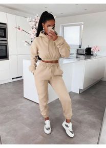 Women's Cropped Hooded Sweatshirt & Jogger Pants Set, Beige Solid Color, Casual Lounge Wear