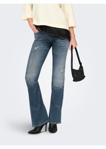 Bootcut-Jeans Only "ONLBLUSH MID WAIST FLARED DNM REA1099", Damen, Gr. L (40), L&auml;nge 32, medium blau denim detail:destroy, Denim/Jeans, Obermaterial: 92% Baumwolle, 6% Elastomultiester, 2% Elasthan, ausgestellt lang, Jeans Bootcut-Jeans, mit dezentem Used-Look