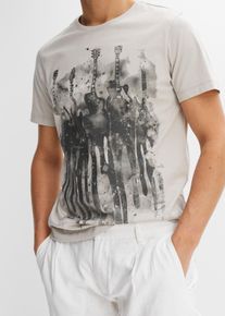 T-Shirt bonprix, Herren, Gr. 44/46 (S), grau (mattsilber bedruckt), Jersey, Obermaterial: 100% Baumwolle, bedruckt, regular fit normal, Rundhals, gerader Abschluss, Shirts T-Shirt, Regular Fit, Kurzarm, mit Frontprint, aus Baumwolle
