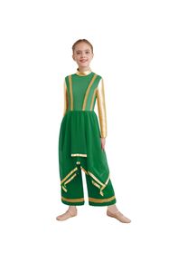 Kids Girls Worship Liturgical Praise Dance Dress Long Sleeve Gold Trim Metallic Color Block Irregular Hem Wide-Leg Pants Dress