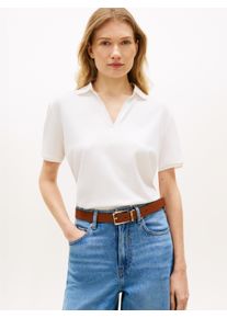 Poloshirt Tommy Hilfiger "LYOCELL PIQUE OPEN-NK SS POLO", Damen, Gr. S (36/38), wei&szlig; (ecru), Single Jersey, Obermaterial: 65% Lyocell, 32% Baumwolle, 3% Elasthan, unifarben, gerade normal, V-Ausschnitt, Shirts Poloshirt, mit kleinem Logo-Stick