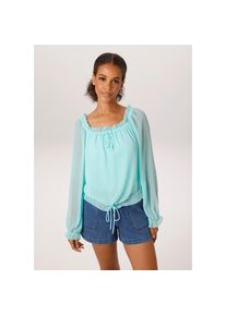 Aniston CASUAL, Damen, Schlupfbluse aus strukturiertem Chiffon - NEUE KOLLEKTION, aqua, 44, Transparente Bluse mit R&uuml;schen am kleinen Cut-Out