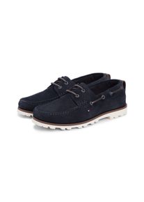 Bootsschuh Tommy Hilfiger "HILIFGER LIGHT SDE BOAT SHOE", Herren, Gr. 42, Leder, blau (dunkelblau), Veloursleder, unifarben, Schuhe Bootsschuh, Schn&uuml;rschuh, Halbschuh mit Durchz&uuml;gen und &Ouml;sen