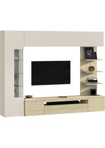 Wohnwand OTTO HOME "Wohnwand New Egypt, Anbauwand, Medienwand, Wohnzimmerwand", beige (kaschmir, eiche), B:245cm H:191cm T:40cm, Holzwerkstoff, Kastenm&ouml;bel-Sets, Wohnwand, 2 Klappen, 2 T&uuml;ren, 1 Glast&uuml;r, Regalaufsatz, B 245 &times; H 191 cm