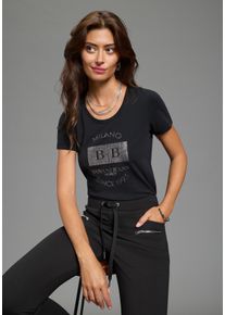 T-Shirt Bruno Banani, Damen, Gr. 36/38, schwarz, Single Jersey, Obermaterial: 95% Baumwolle, 5% Elasthan, bedruckt, Basic h&uuml;ftlang, Rundhals, Shirts T-Shirt, mit schimmerndem Glitzerprint und Basic-Passform