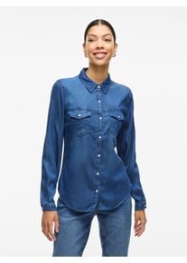 Jeansbluse Vila "VIBISTA", Damen, Gr. L, blau (dunkelblau denim), Web, Obermaterial: 70% Lyocell, 30% Baumwolle, schmal h&uuml;ftbedeckend, 1-Knopf-Manschette mit Druckknopf, Blusen Jeansbluse, in leichter Used-Waschung
