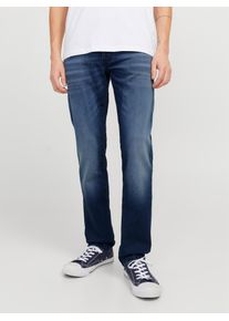Jack & Jones Tapered-fit-Jeans JACK & JONES "JJIMIKE mit Stretch, Used-Look und bequemer Passform", Herren, Gr. 32, L&auml;nge 30, blau (mid blau denim), Denim/Jeans, Obermaterial: 48% Baumwolle, 26% Viskose, 25% Polyester, 1% Elasthan, Abriebeffekte, bequem kn&ouml;chellang, Jeans Tapered-fit-Jeans, mit Abriebeffekten