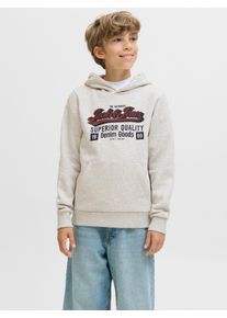 Jack & Jones Kapuzensweatshirt JACK & JONES JUNIOR "JJELOGO SWEAT HOOD 2 COL AW25 NOOS JNR", Jungen, Gr. 164, grau (wei&szlig; melange), angeraute Sweatware, Obermaterial: 70% Baumwolle, 30% Polyester, bedruckt, regular fit normal, ohne Ausschnitt, Rippb&uuml;ndchen, Sweatshirts Kapuzensweatshirt