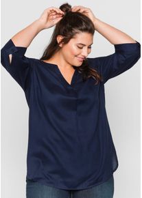 Longbluse sheego, Damen, Gr. 58, blau (marine), 100% Viskose, unifarben, Rundhals, Blusen Longbluse