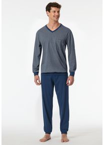 Pyjama Schiesser "Comfort Essentials", Herren, Gr. 60, blau (800, blau), Single Jersey, Obermaterial: 100% Baumwolle, bequem lang, V-Ausschnitt, Homewear-Sets Pyjama, V-Ausschnitt, Brusttasche, Baumwolle, Langarm