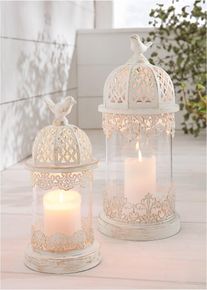 Tr&auml;dg&aring;rdslykta med glas (2 delar) - vit - storlek 0 (Stor lykta: (H) 35,5cm Liten lykta: (H) 25,5cm) - bonprix