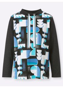 Damen Sweatshirt mit Stehkragen und Tunnelzug in t&uuml;rkis-schwarz-bedruckt ,Gr&ouml;&szlig;e 36, WITT, 60% Baumwolle, 40% Polyester