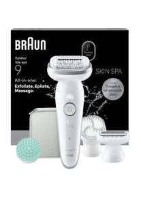 Braun, Epilierer &raquo;Silk-&eacute;pil 9 SES9-080&laquo; All-in-One Set, Wet & Dry, Peelingb&uuml;rste, Massagepad, Rasieraufsatz, wei&szlig;/silber, Mehr Komfort: Sowohl nass 