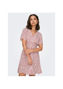 Only, Damen, Minikleid &raquo;ONLEVIDA S/S SHORT DRESS WVN NOOS&laquo; Viskose, regular fit, V-Ausschnitt, Cloud Dancer AOP:RED L. FLOWER, N-Gr, S - N-Gr, Cloud 