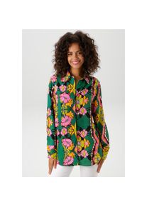 Aniston CASUAL, Damen, Hemdbluse mit farbenfrohen, grafischen Blumendruck, gr&uuml;n-hellpink-limette-hellorange-schwarz-hummer-wei&szlig;, 36, Bluse aus weich 