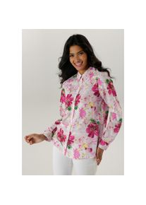 Aniston SELECTED, Damen, Hemdbluse mit farbenharmonischen Bl&uuml;tendruck, pink-offwhite-rose-gelb-kiwigr&uuml;n-beige-schwarz-terra-lila, 42, Bluse aus 