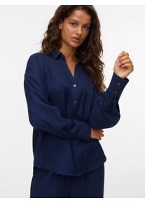 V&eacute;ro Moda Langarmbluse VERO MODA "VMMELANEY QUEENY LS SHIRT WVN NOOS", Damen, Gr. XS, blau (navy blazer), Web, Obermaterial: 100% Polyester, unifarben, loose fit Po-bedeckend, V-Ausschnitt, Blusen Langarmbluse, Kunstfaser, loose fit