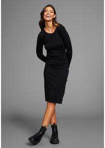 Strickkleid Laura Scott, Damen, Gr. 44, N-Gr, schwarz, Strick, Obermaterial: 70% Viskose, 30% Polyamid, clean, unifarben, figurbetont kniebedeckend, Rundhals, B&uuml;ndchen, Kleider Strickkleid, L&auml;nge kniebedeckt mit seitlichen Kn&ouml;pfen