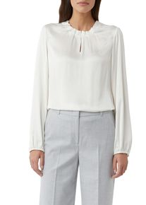 Langarmbluse comma, Damen, Gr. 36, wei&szlig;, Web, Obermaterial: 100% Viskose, unifarben, bequem h&uuml;ftbedeckend, Rundhals, elastischer Bund, Blusen Langarmbluse, mit gerafften Kragen
