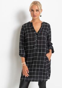 Longbluse bonprix, Damen, Gr. 36, schwarz (schwarz, wei&szlig; kariert), Obermaterial: 100% Polyester, gerade, Blusen Longbluse, gerade Passform, mit Umlegekragen, mit tiefem V-Ausschnitt