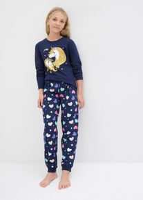 Pyjama bonprix, M&auml;dchen, Gr. 140/146, blau (dunkelblau bedruckt), Jersey, Obermaterial: 100% Baumwolle, bedruckt, Basic lang, Rundhals, Homewear-Sets Pyjama, bequeme Passform, aus Baumwolle, mit coolem Motiv, Topseller