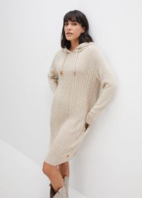 Strickkleid bonprix "Kapuzen-Strickkleid mit Zopfmuster", Damen, Gr. 48/50 (XL), N-Gr, beige (natur meliert), Strick, Obermaterial: 100% Polyacryl, Zopfmuster, meliert, l&auml;ssig geschnitten kniebedeckend, Rippb&uuml;ndchen, Kleider Strickkleid, mit Kapuze, aus Polyacryl, l&auml;ssig geschnitten, mit Eingrifftaschen
