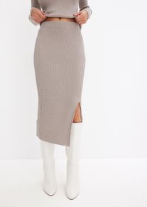 Strickrock bonprix "Strickrock aus flie&szlig;endem Viskose-Mix", Damen, Gr. 44/46 (L), grau (silber, naturstein), Strick, Obermaterial: 38% Viskose, 37% Polyester, 16% Polyamid, 9% metallisierte Fasern, Glitzermuster, unifarben, figurbetont 3/4-L&auml;nge, R&ouml;cke Strickrock, aus Viskose, Polyester, Polyamid und metallisierten Fasern, Topseller