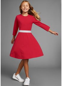 Skaterkleid Kidsworld "mit Glitzerband", M&auml;dchen, Gr. 128/134, N-Gr, 3/4 Arm, Jersey, rot, Jersey, Obermaterial: 95% Baumwolle, 5% Elasthan, unifarben mit Farbeinsatz, ausgestellt kniefrei, Rundhals, abgesteppte Kante, Kleider Skaterkleid, festlich, kniefrei, 3/4-&Auml;rmel, aus Baumwollmischung