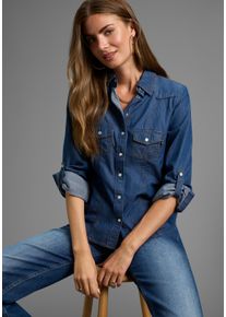 Jeansbluse Arizona "mit Druckkn&ouml;pfen in Perlmuttoptik", Damen, Gr. 40, blau (dk blau used), Jeans, Obermaterial: 100% Baumwolle, Basic, figurbetont, mit Druckkn&ouml;pfen, Blusen Jeansbluse, und Krempel&auml;rmeln, Topseller