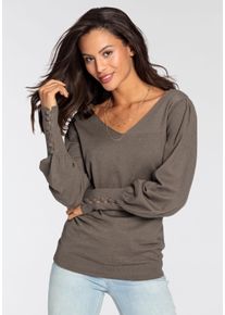 V-Ausschnitt-Pullover Laura Scott, Damen, Gr. 38, grau (taupe, melange), Feinstrick, Obermaterial: 50% Viskose, 28% Polyester, 22% Polyamid, unifarben, figurbetont h&uuml;ftlang, V-Ausschnitt, B&uuml;ndchen mit Kn&ouml;pfen, Pullover V-Ausschnitt-Pullover, mit s&uuml;&szlig;er Knopfleiste am &Auml;rmel