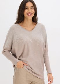 bonprix Feinstrickpullover mit Fledermaus&auml;rmeln und Strass-Applikation, grau, Gr.44/46 (L), schicker Pullover mit edler Strass-Applikation
