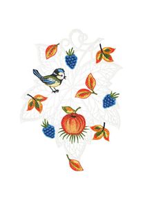 W. Reuter & Sohn - Plauener Spitze Fensterbild &raquo;Fensterbild "Herbstblatt mit Vogel" farbig&laquo;