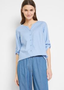 Langarmbluse bonprix "Bluse mit Leinen, 3/4 Arm", Damen, Gr. 44, blau (perlblau), Obermaterial: 55% Leinen, 45% Baumwolle, regular fit, Blusen Langarmbluse, Regular Fit, f&uuml;r den Alltag, aus Leinen und Baumwolle