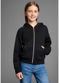 Kapuzensweatjacke Kidsworld "L&auml;ssige Sweatjacke mit kleinem Logo", M&auml;dchen, Gr. 164/170, schwarz, angeraute Sweatware, Obermaterial: 60% Baumwolle, 40% Polyester. Kapuzenfutter: 100% Baumwolle, bestickt, bequem h&uuml;ftlang, Rippb&uuml;ndchen, Sweatjacken Kapuzensweatjacke, Lockere Form