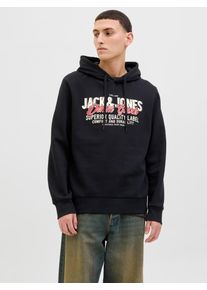 Jack & Jones Kapuzensweatshirt JACK & JONES "JJELOGO SWEAT HOOD 2 COL 25/26 NOOS", Herren, Gr. L, schwarz, angeraute Sweatware, Obermaterial: 70% Baumwolle, 30% Polyester, bedruckt, regular fit normal, Rundhals, Rippb&uuml;ndchen, Sweatshirts Kapuzensweatshirt, mit stylischem Print