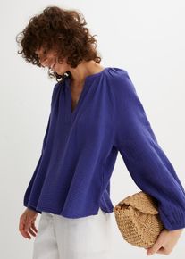 Shirtbluse bonprix "Oversize-Bluse aus Musselin", Damen, Gr. 42, lila (blauviolett), Web, Obermaterial: 100% Baumwolle, unifarben, oversize normal, V-Ausschnitt, elastischer Bund, Blusen Shirtbluse, Oversize-Passform, mit V-Ausschnitt, aus Baumwolle, 3/4-&Auml;rmeln