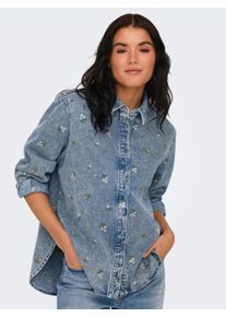 Jeansbluse Only "ONLVERA L/S FLOWER EMB SHIRT DNM YOR", Damen, Gr. L, blau (light blau denim detail:flower emb), Denim/Jeans, Obermaterial: 100% Baumwolle, bestickt, loose fit h&uuml;ftbedeckend, Blusen Jeansbluse