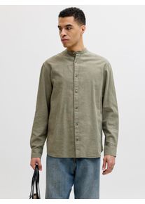 Jack & Jones Langarmhemd JACK & JONES "JJESUMMER LINEN BLEND BAND SHIRT L/S SN", Damen, Gr. XXL, N-Gr, gr&uuml;n (dusty olive), Web, Obermaterial: 70% Baumwolle, 30% Leinen, unifarben, regular fit normal, 1-Knopf-Manschette, Hemden Langarmhemd, Baumwollmischung, regular fit