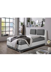 Boxspringbett Maintal, grau (grau, wei&szlig;), B:212cm L:212cm, Strukturstoff-Bezug 100% Polyester;Kunstleder 100% PU;Bezug der Spiegelfl&auml;che Matratzendrell aus 100% Polyester, Komplettbetten, Boxspringbett, verstellbare Kopfst&uuml;tze