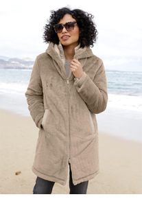 Fellimitatmantel Heine, Damen, Gr. 46, beige (sesam), 100% Polyester, Besatz:100% Polyester, Wattierung:100% Polyester, M&auml;ntel Fellimitatmantel