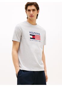 T-Shirt Tommy Hilfiger "AMERICANA MONOTYPE FLAG BOX TEE", Herren, Gr. S, grau (light grau heather), Single Jersey, Obermaterial: 100% Baumwolle, regular fit, Rundhals, Shirts T-Shirt, Mit markanter Stickerei