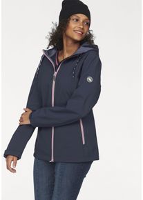 Softshelljacke Polarino, Damen, Gr. 40, blau (marine), Softshell, Obermaterial: 94% Polyester, 6% Elasthan. Futter: 100% Polyester. Innenseite: 100% Polyester, kontrastfarbene Details, unifarben mit Farbeinsatz, h&uuml;ftlang, mit verstellbarem Klettverschluss, Jacken Softshelljacke, f&uuml;r den &Uuml;bergang, aus Softshell, wasserabweisend, winddicht