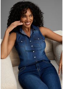 Jeansbluse Arizona, Damen, Gr. 36, blau (blau used), Jeans, Obermaterial: 100% Baumwolle, unifarben, Basic, sehr figurbetont, Rundhals, abgesteppte Kante, Blusen Jeansbluse, mit Kn&ouml;pfen in Perlmuttoptik