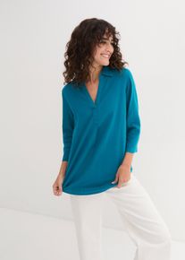 Langarmbluse bonprix "3/4-Arm Bluse mit Leinen", Damen, Gr. 48, blau (meerest&uuml;rkis), Web, Obermaterial: 55% Leinen, 45% Viskose, unifarben, figurumspielend normal, Aufschlag, Blusen Langarmbluse, figurumspielende Passform, f&uuml;r vielseitige Alltagslooks