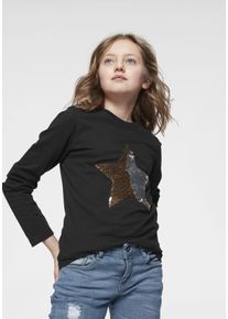 Langarmshirt Kidsworld "STERN", M&auml;dchen, Gr. 152/158, schwarz, Single Jersey, Obermaterial: 100% Baumwolle, unifarben, tailliert h&uuml;ftlang, Rundhals, abgesteppte Kante, Shirts Langarmshirt, Langarm, taillierter Schnitt, mit glitzernden Pailletten
