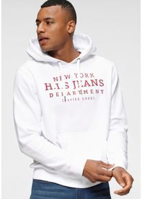 H.I.S. Kapuzensweatshirt H.I.S, Herren, Gr. L (52/54), wei&szlig;, angeraute Sweatware, Obermaterial: 60% Baumwolle, 40% Polyester, bedruckt, normal, Rundhals, Rippb&uuml;ndchen, Sweatshirts Kapuzensweatshirt, mit Print und Badge, Kapuze, f&uuml;r sportliche Outfits
